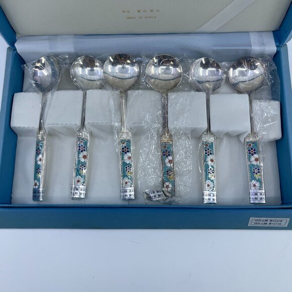vintage hany cloisonné silver plated dessert spoons set of 6 made in korea - Picture 2 of 8